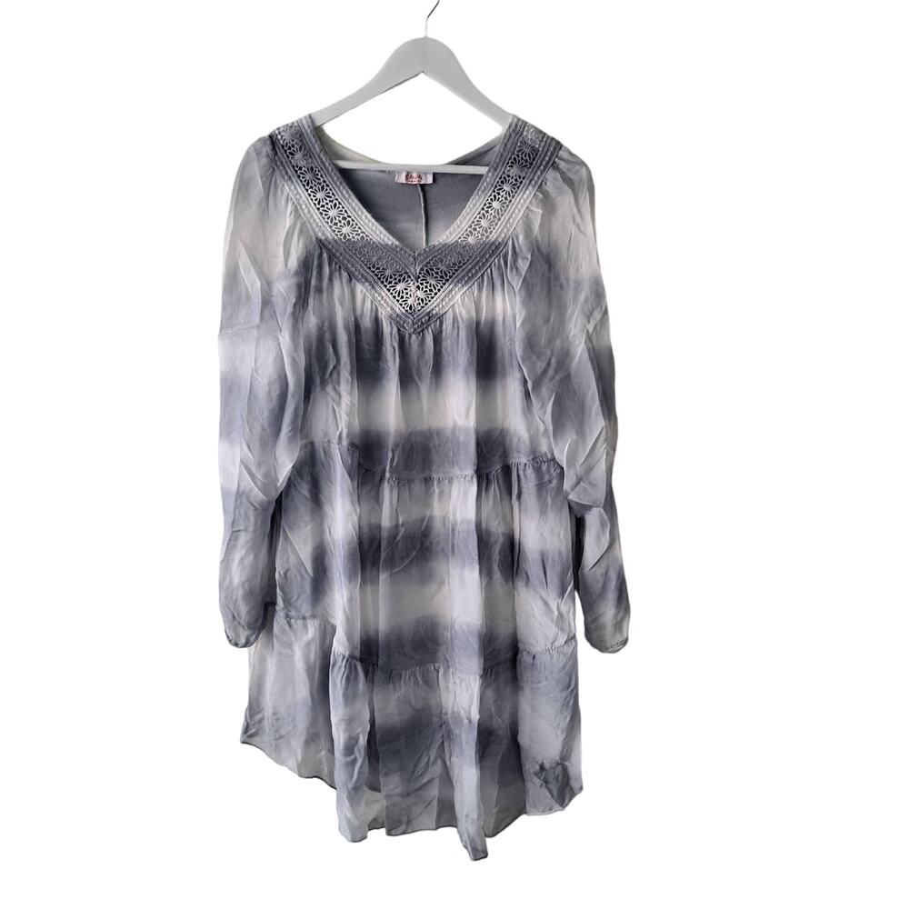 Scandal Grayish Blue & White Vneck Long Sleeve Tiered Baby Doll Sheered Dress